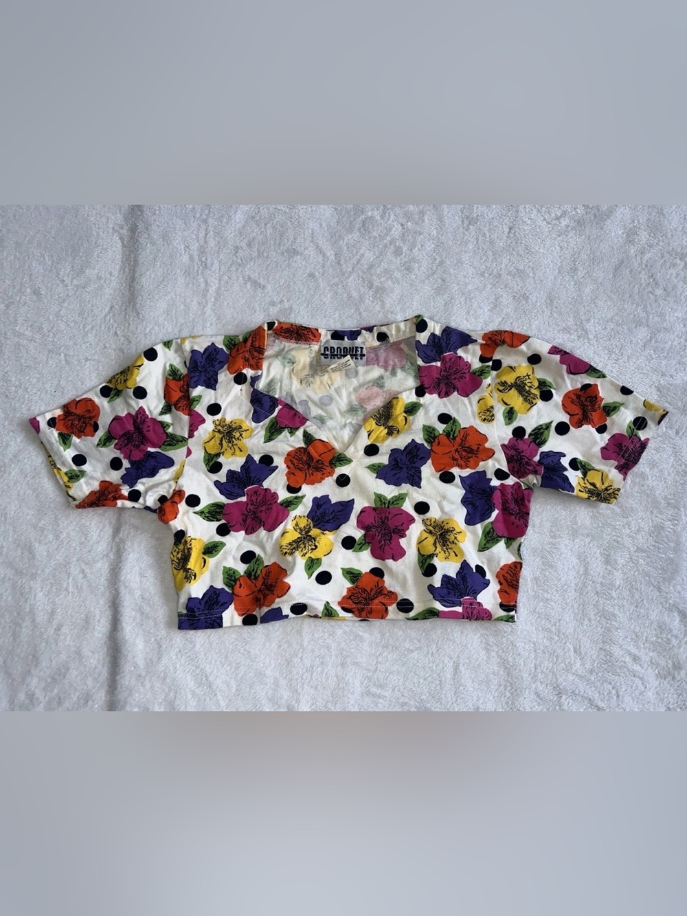VTG Croquet Club Floral V Neck Crop Top Multicolor Large L